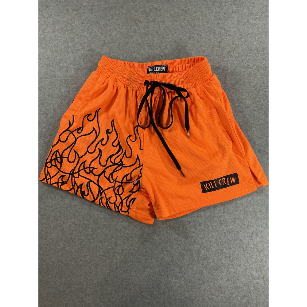 Kill Crew Mens Orange Mesh Flame Graphic Athletic Gym Shorts No Size Tag 2022